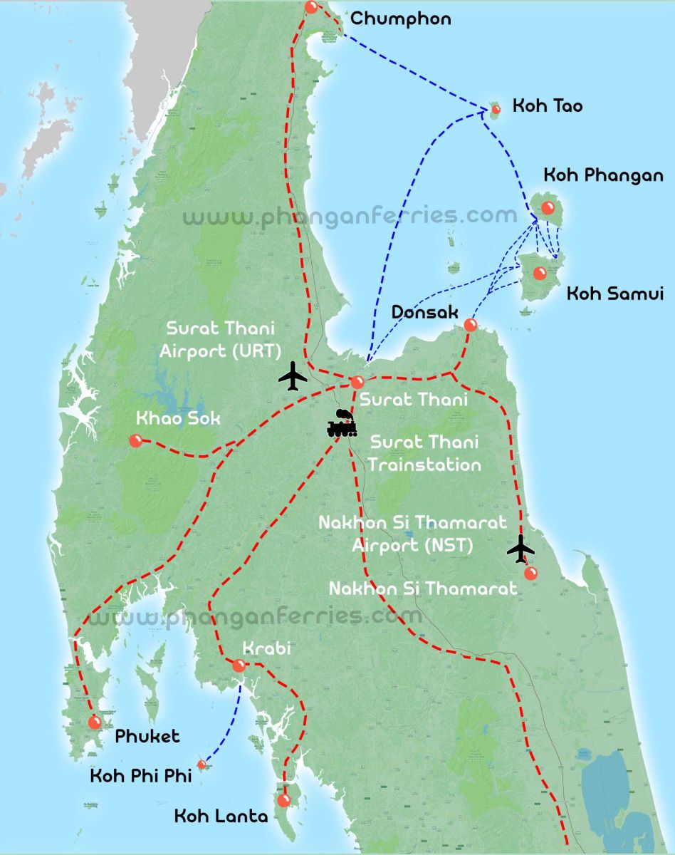 Thailand east coast ferry map showing Koh Tao, Koh Phangan, Koh Samui and routes to Chumphon, Surat Thani, Krabi and Phuket