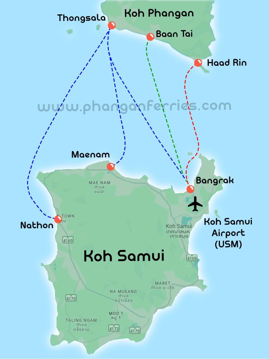 Koh Phangan to Koh Samui ferry route map showing all ferry connections in both directions